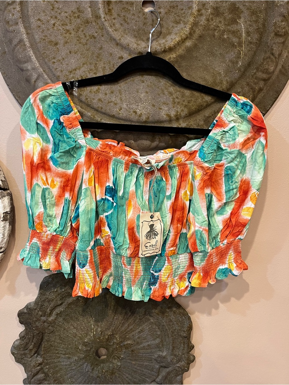 easel Multicolor Tropical Print Off-Shoulder Crop Top